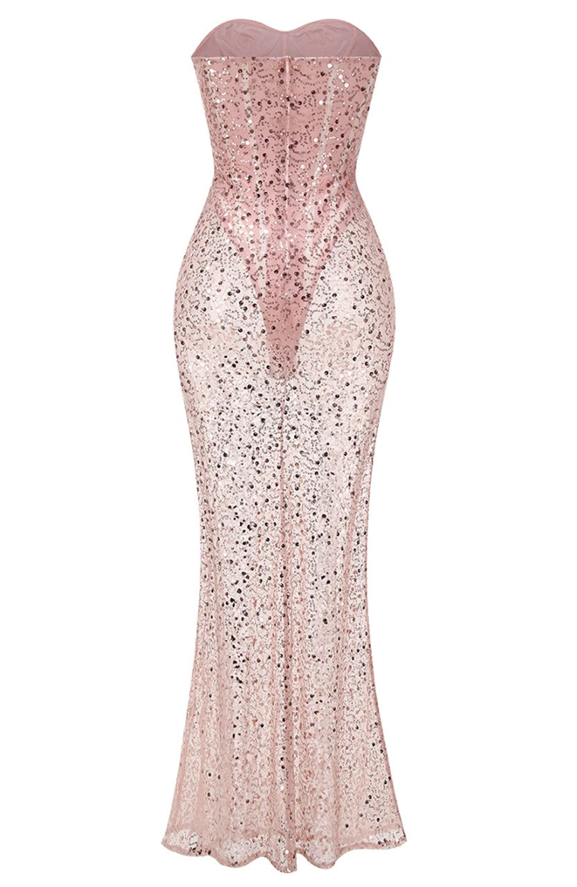 Strapless Sequin Corset Maxi Dress Pink