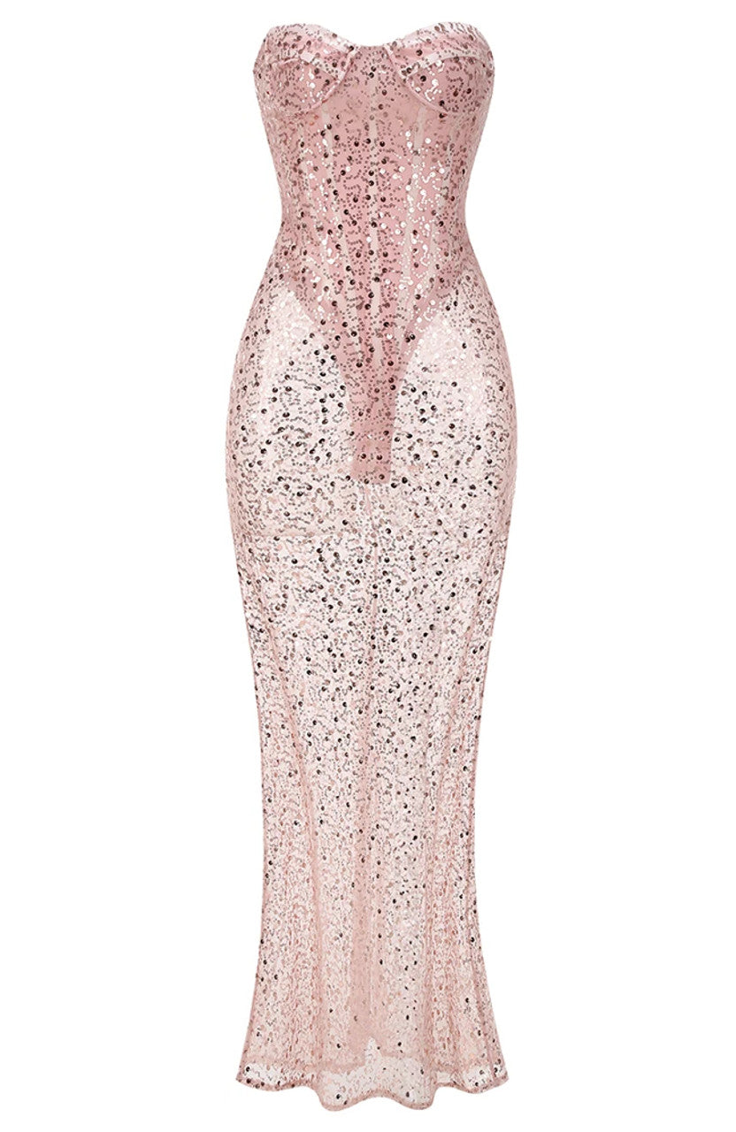 Strapless Sequin Corset Maxi Dress Pink