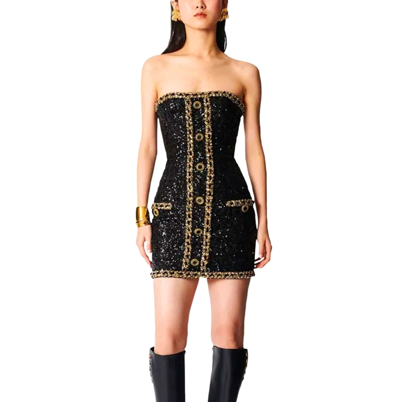 Strapless Sequin Dress Black Gold
