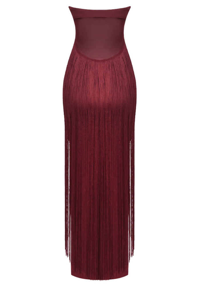Strapless Tassel Maxi Dress Burgundy HV2688