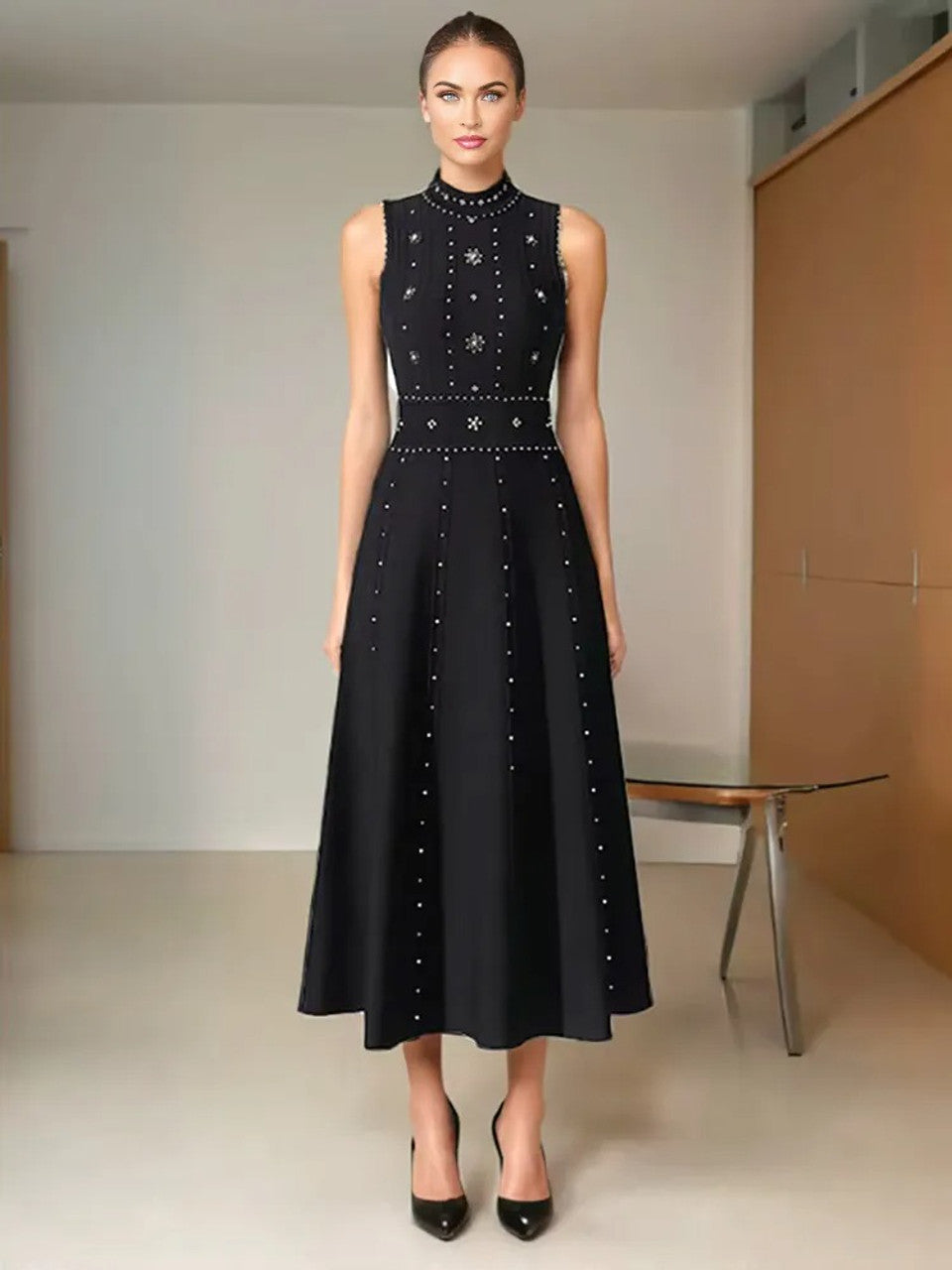 Studded A Line Midi Dress Black