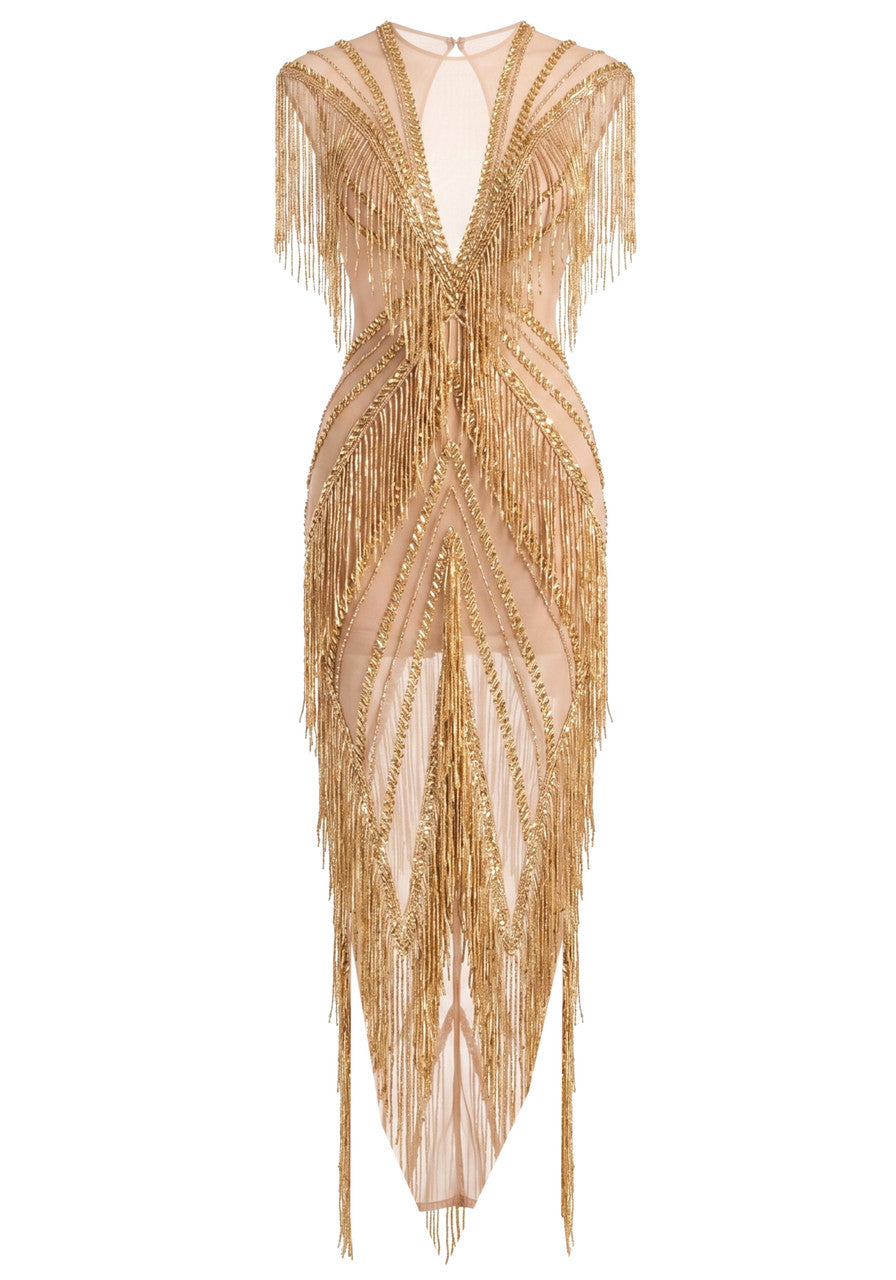 Crystal Tassel Mesh Maxi Dress Gold HV3091