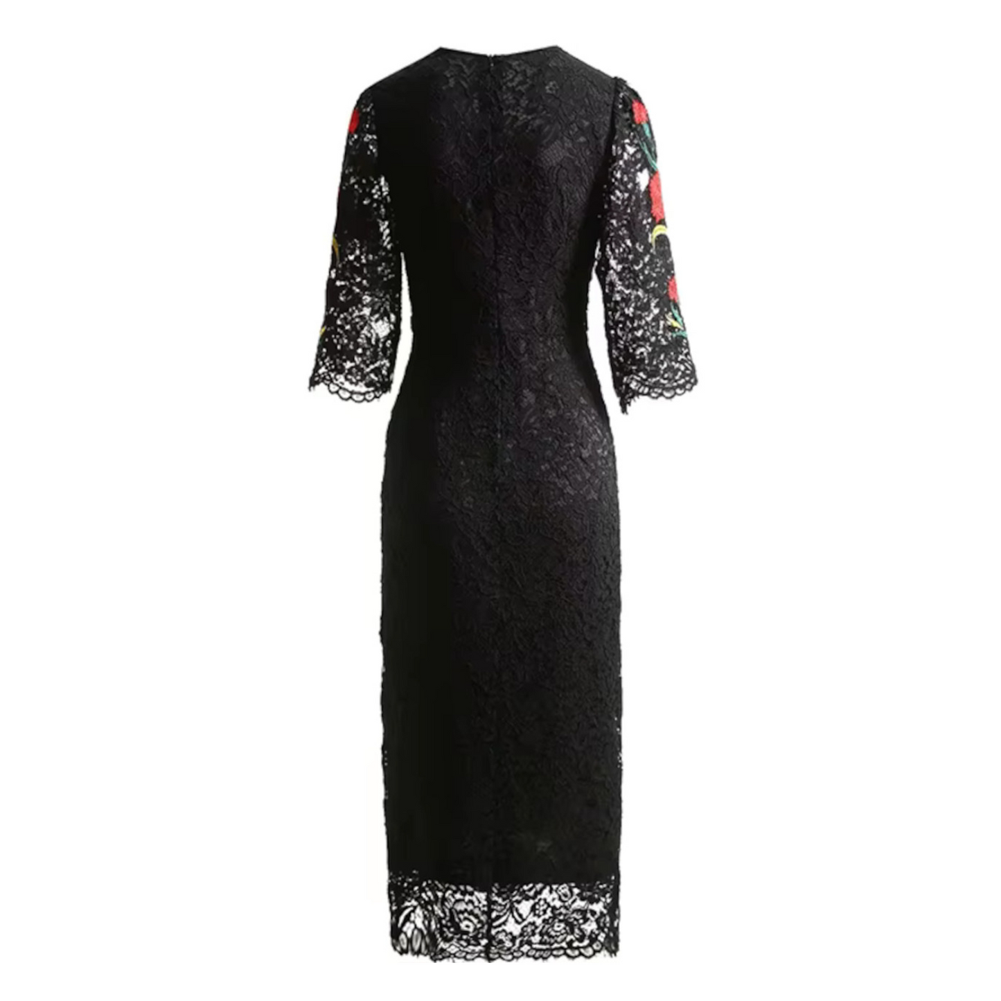 Three Quarter Sleeve Floral Midi Dress Black