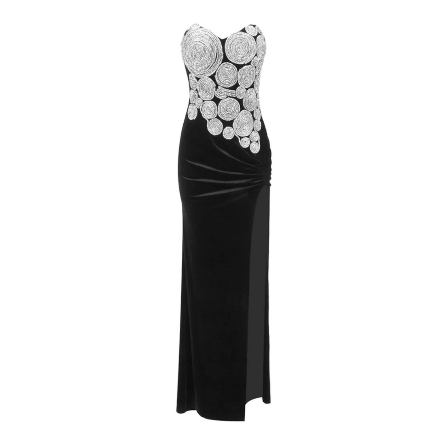 Strapless Crystal Spiral Maxi Velvet Dress Black HV2018