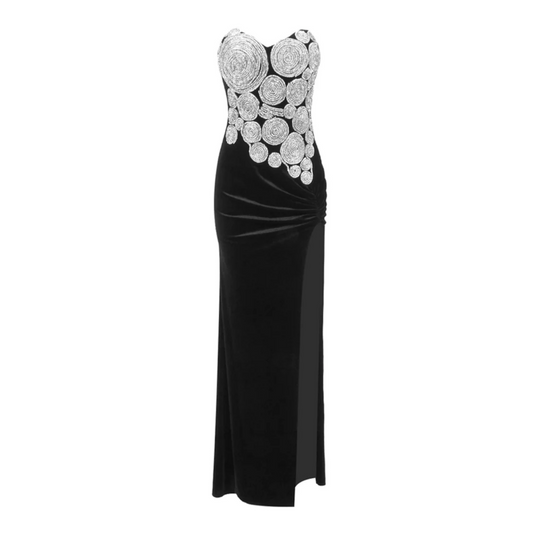 Strapless Crystal Spiral Maxi Velvet Dress Black HV2018