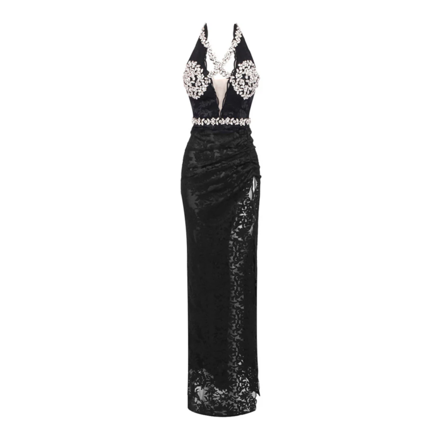 Halter Crystal Bustier Lace Maxi Dress Black HV2019