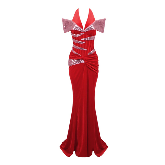 Halter Sequin Corset Maxi Velvet Dress Red HV2020