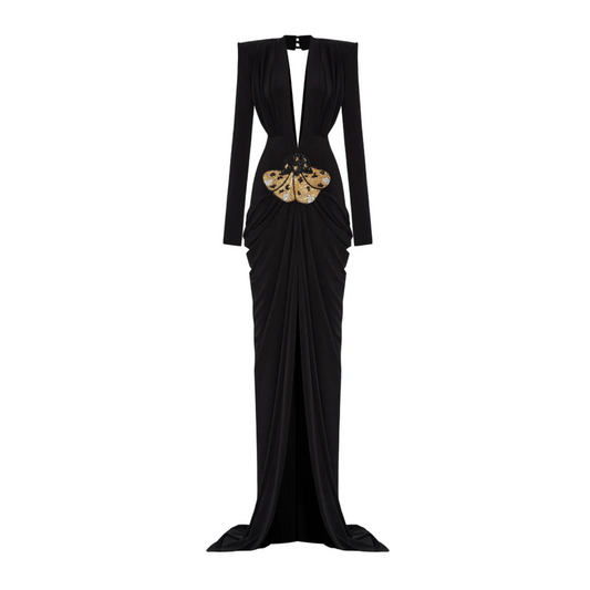 Long Sleeve Plunge V Neck Crystal Maxi Dress Black HV2026