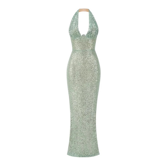 Halter Sequin Backless Maxi Dress Green