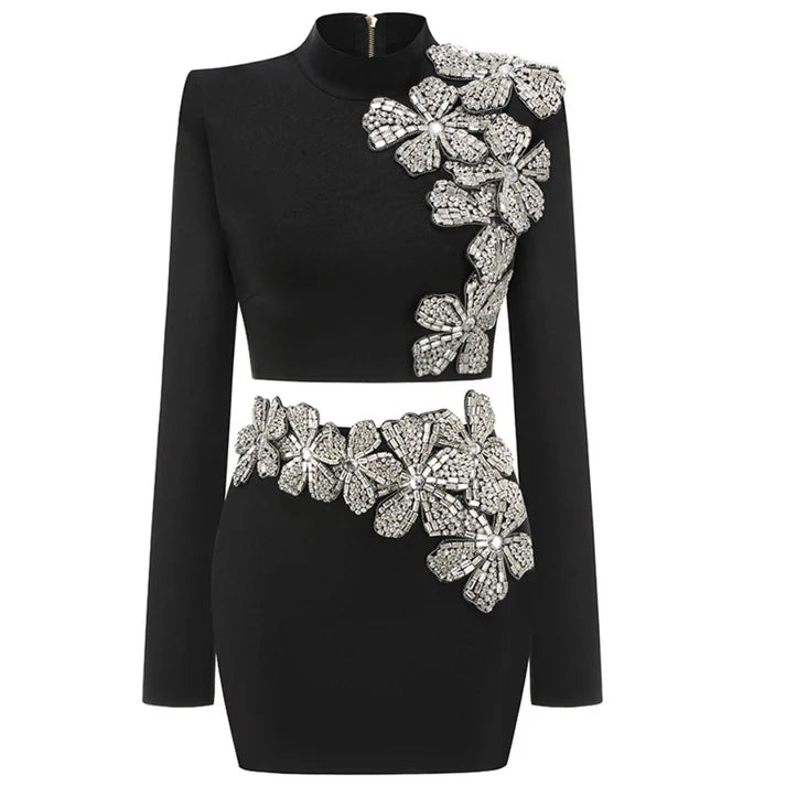 Long Sleeve Crystal Floral Detail Two Piece Dress HV2004
