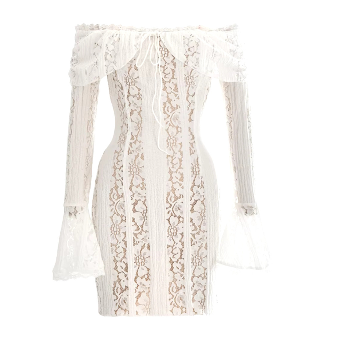 Long Sleeve Bardot Lace Insert Dress White