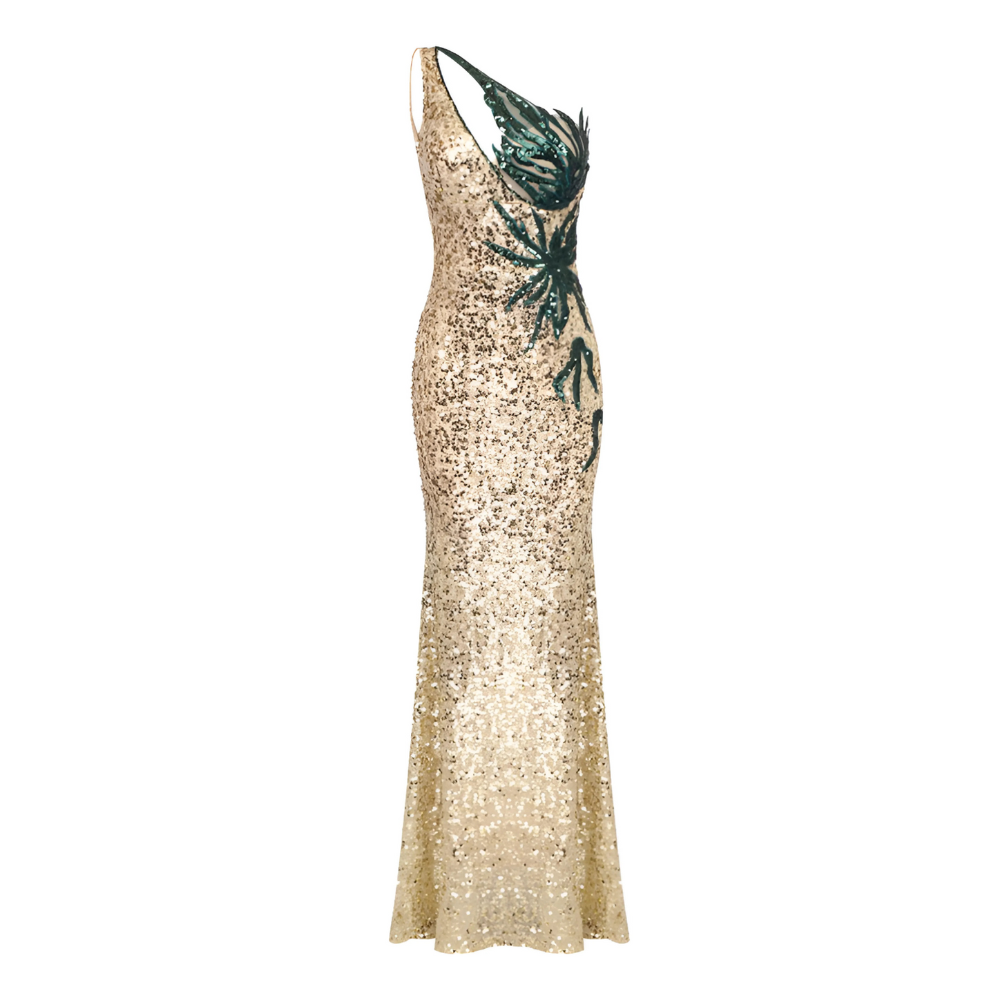 One Shoulder Sequin Maxi Dress Gold Green