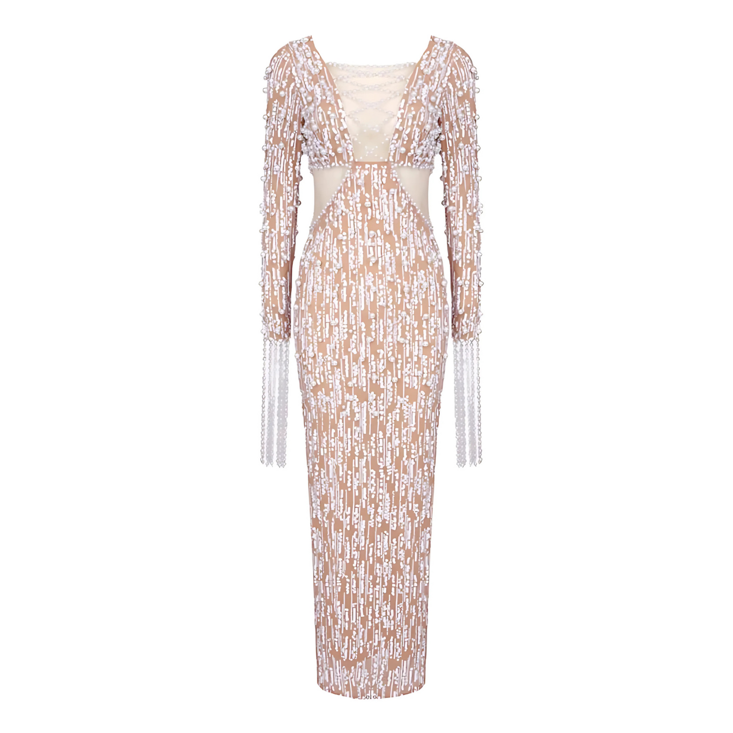 Long Sleeve Pearl Sequin Maxi Dress White Nude