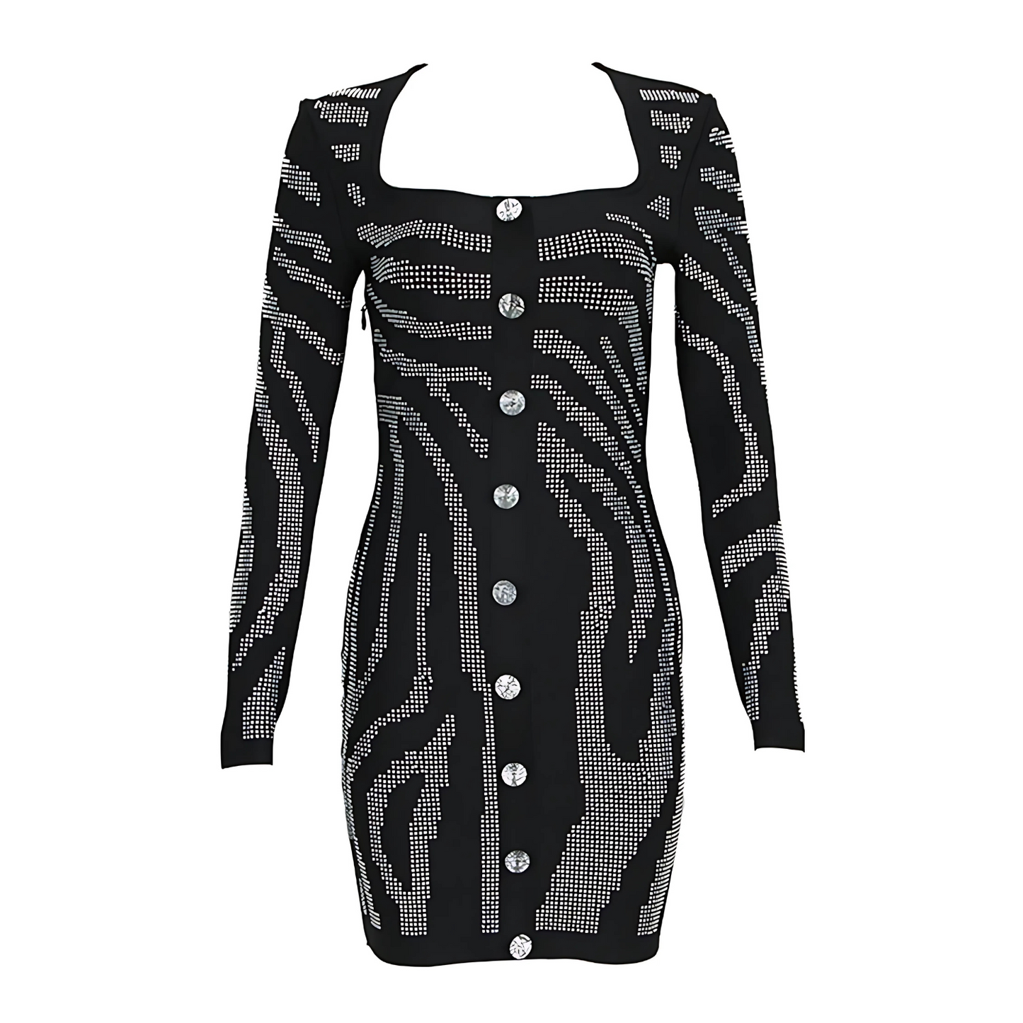 Long Sleeve Crystal Button Dress Black