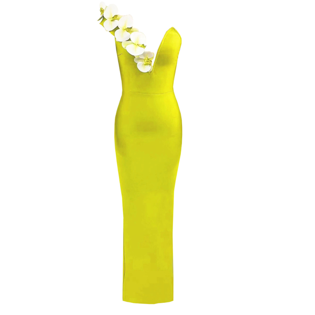 Floral One Shoulder Maxi Dress Lime
