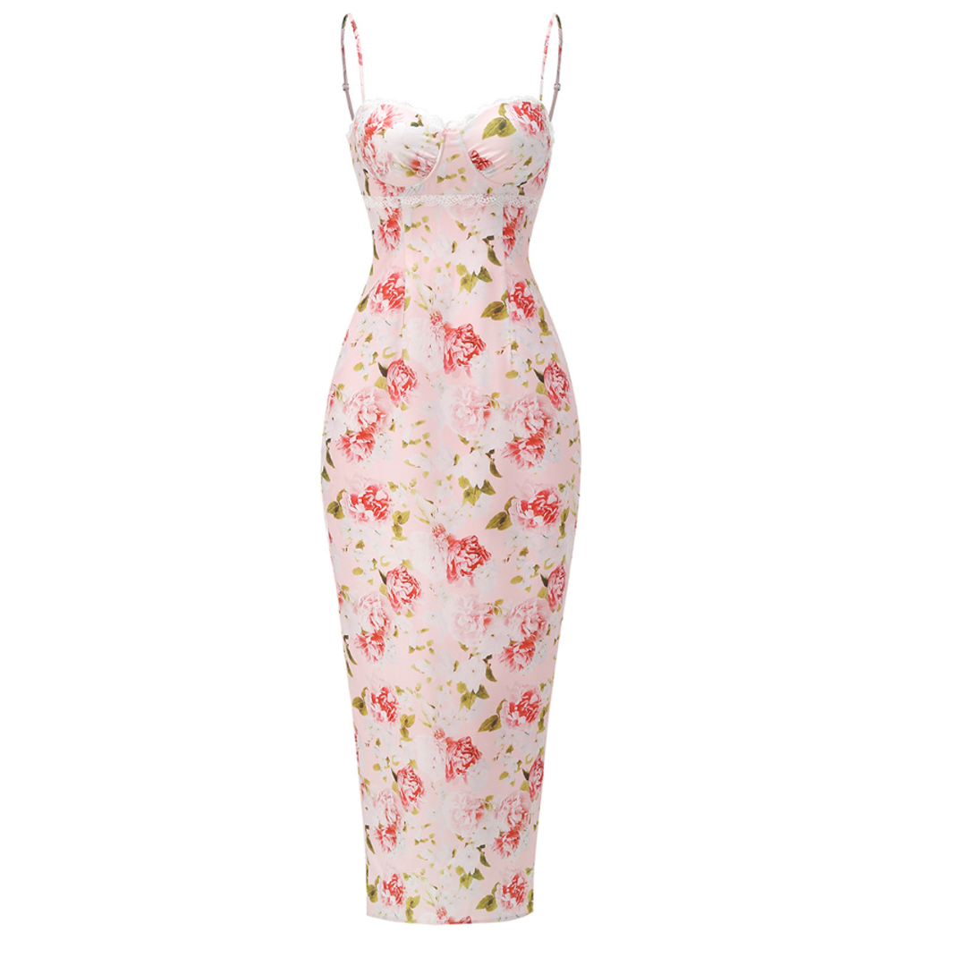 Bustier Lace Floral Maxi Dress Pink