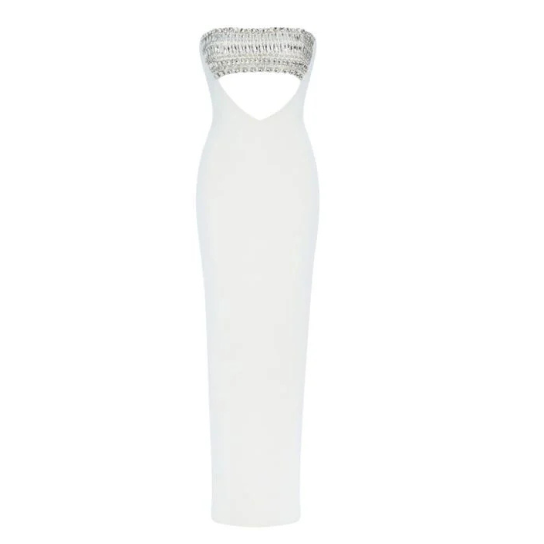 Strapless Crystal Cut Out Maxi Dress White