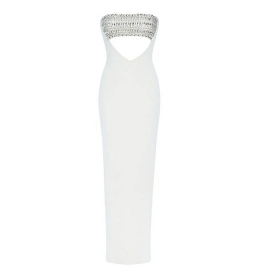 Strapless Crystal Cut Out Maxi Dress White