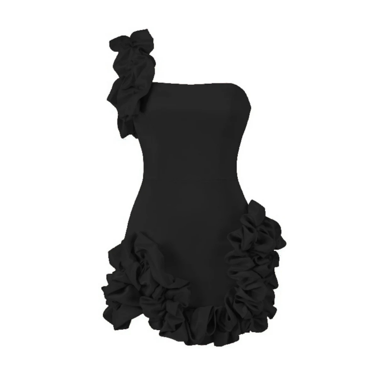 One Shoulder Puff Silk Dress Black