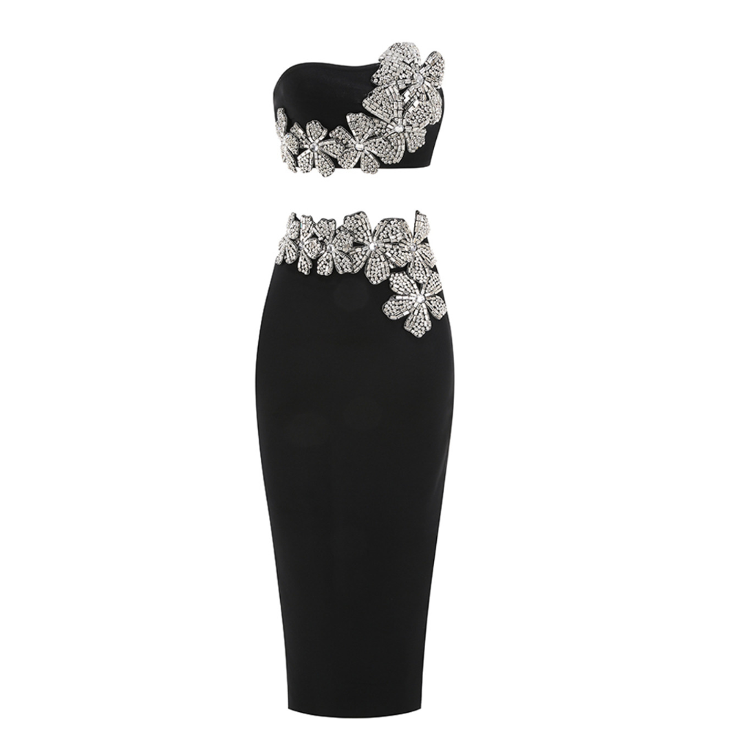 Strapless Crystal Floral Maxi Two Piece Dress Black HV1696