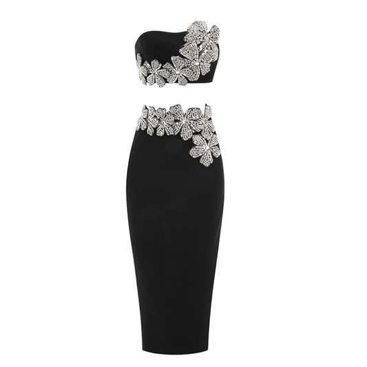 Strapless Crystal Floral Maxi Two Piece Dress Black HV1696