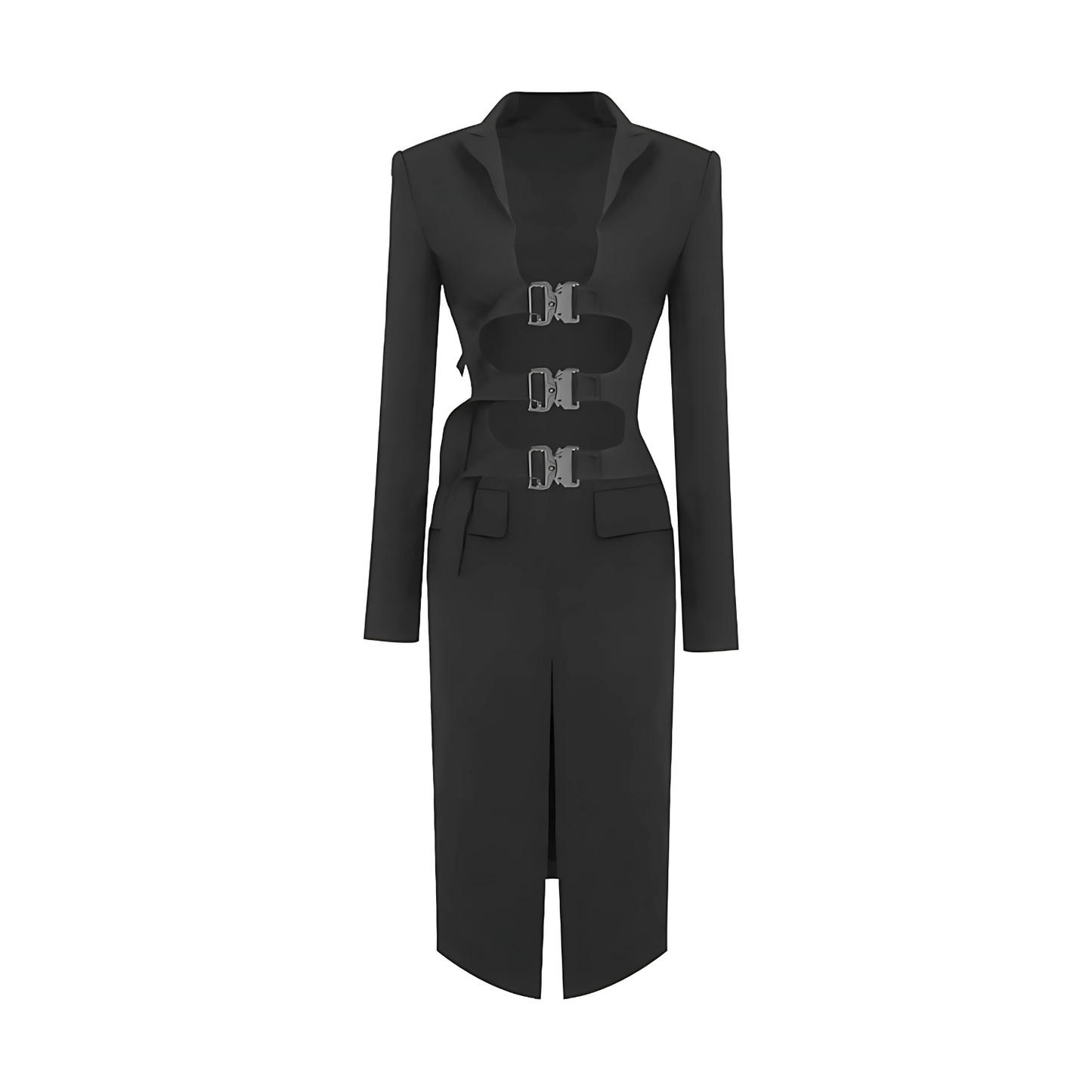 Long Sleeve Cut Out Two Piece Midi Dress Black