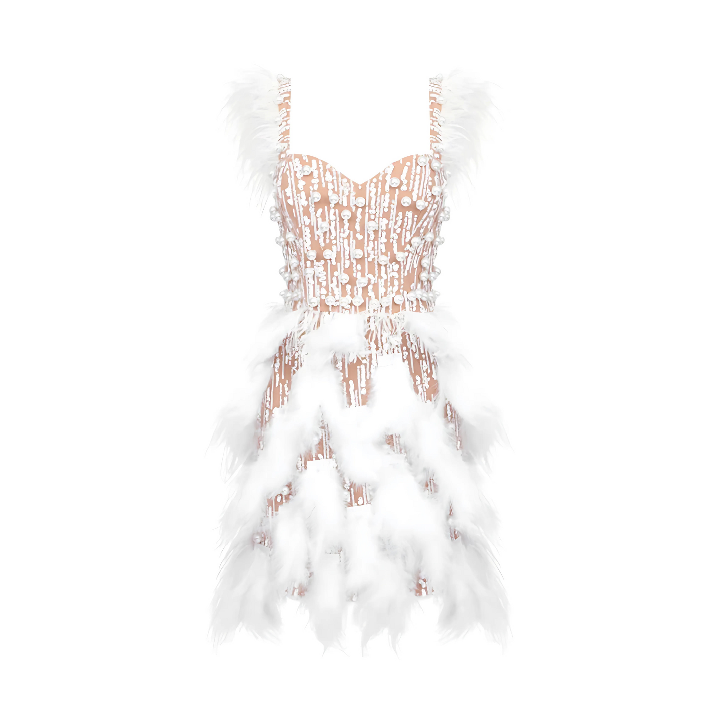 Feather Pearl Sequin Dress White Nude