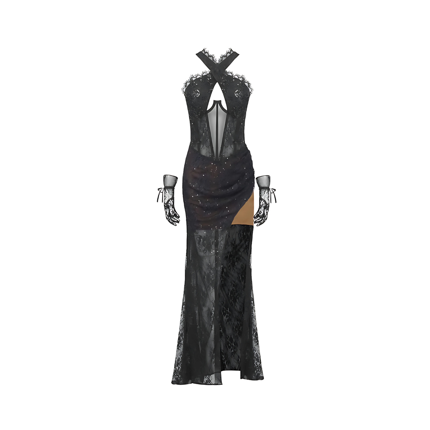 Halter Sequin Lace Corset Maxi Dress Black