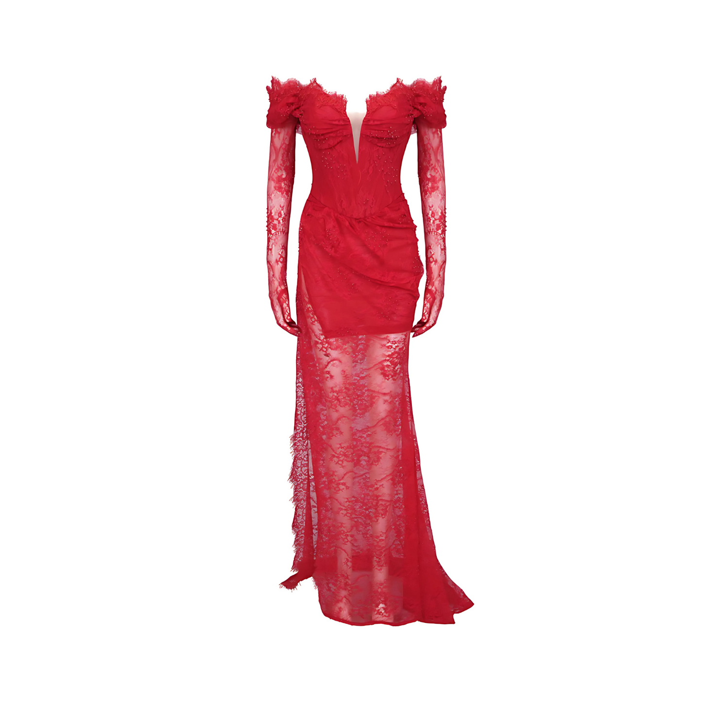 Long Sleeve Bardot Lace Corset Maxi Dress Red