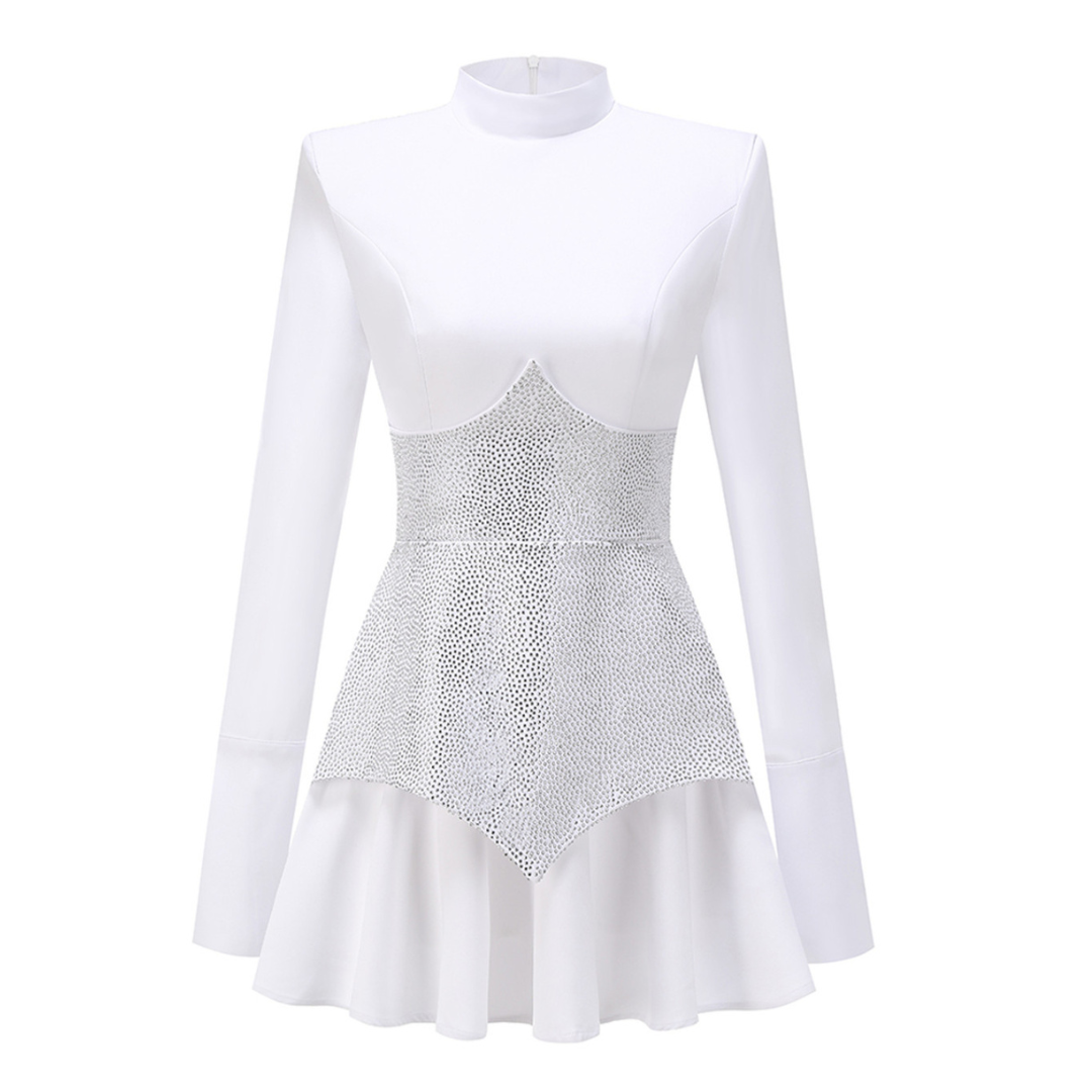 Long Sleeve Sparkly Corset A Line Dress White HV1384