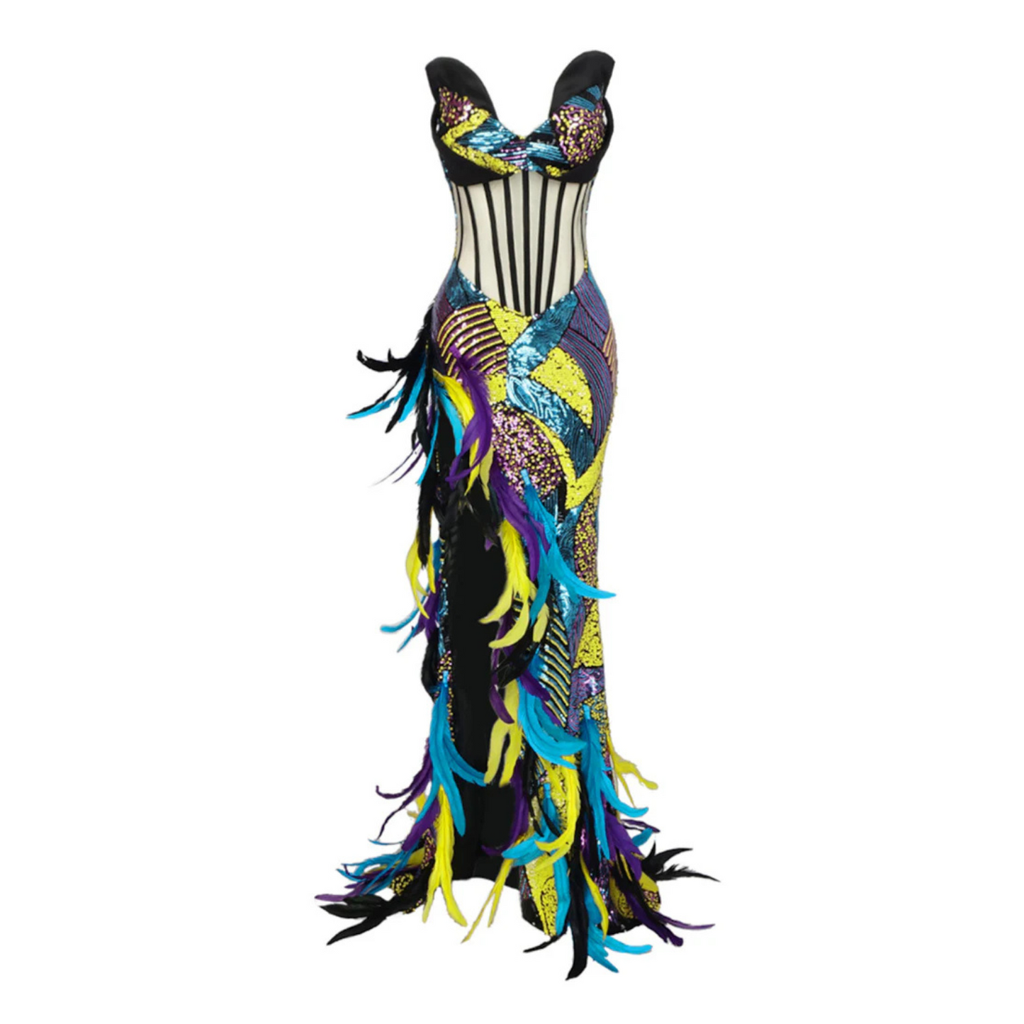 Strapless Feather Detail Sequin Maxi Dress Black