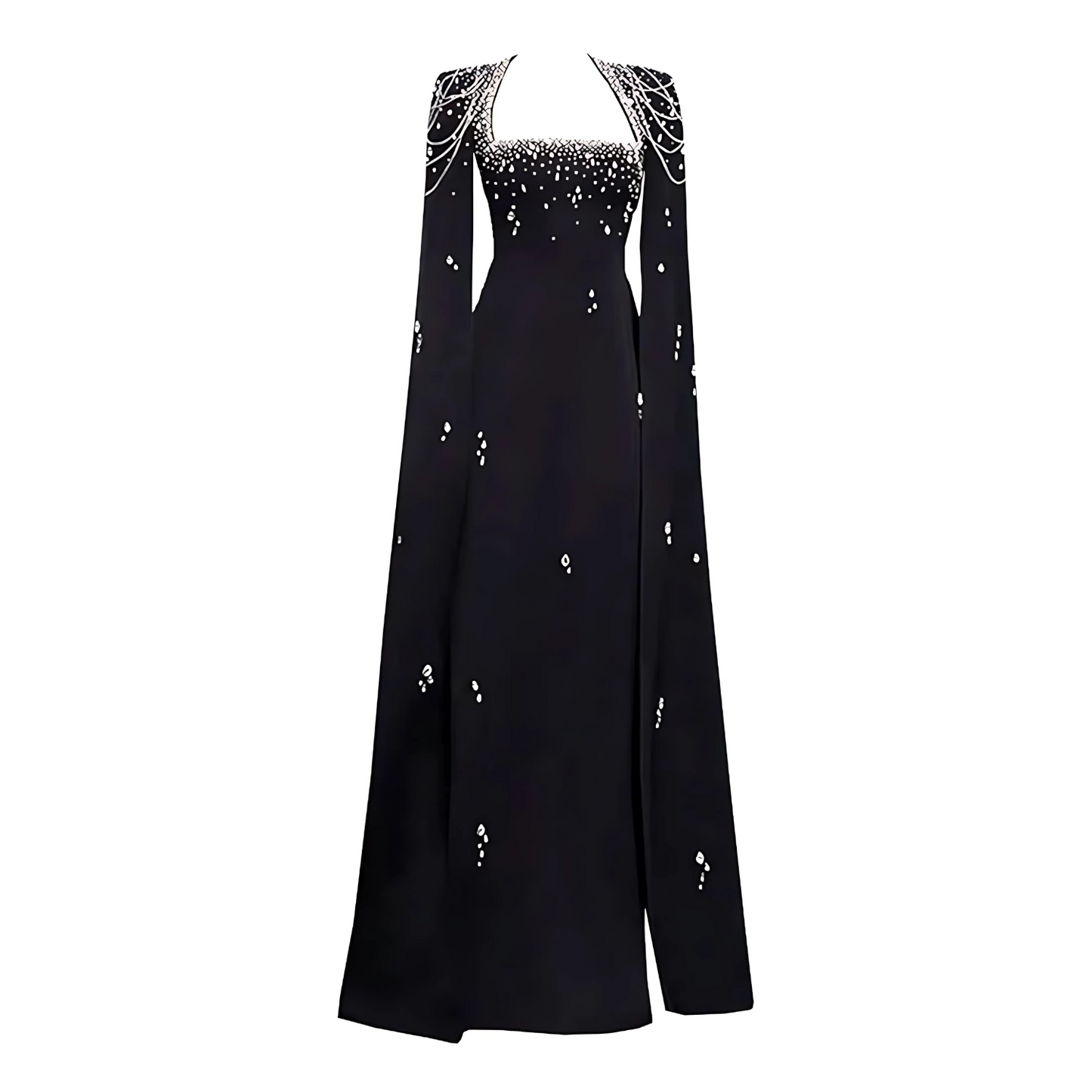 Cape Sleeve Crystal Pearl Maxi Dress Black