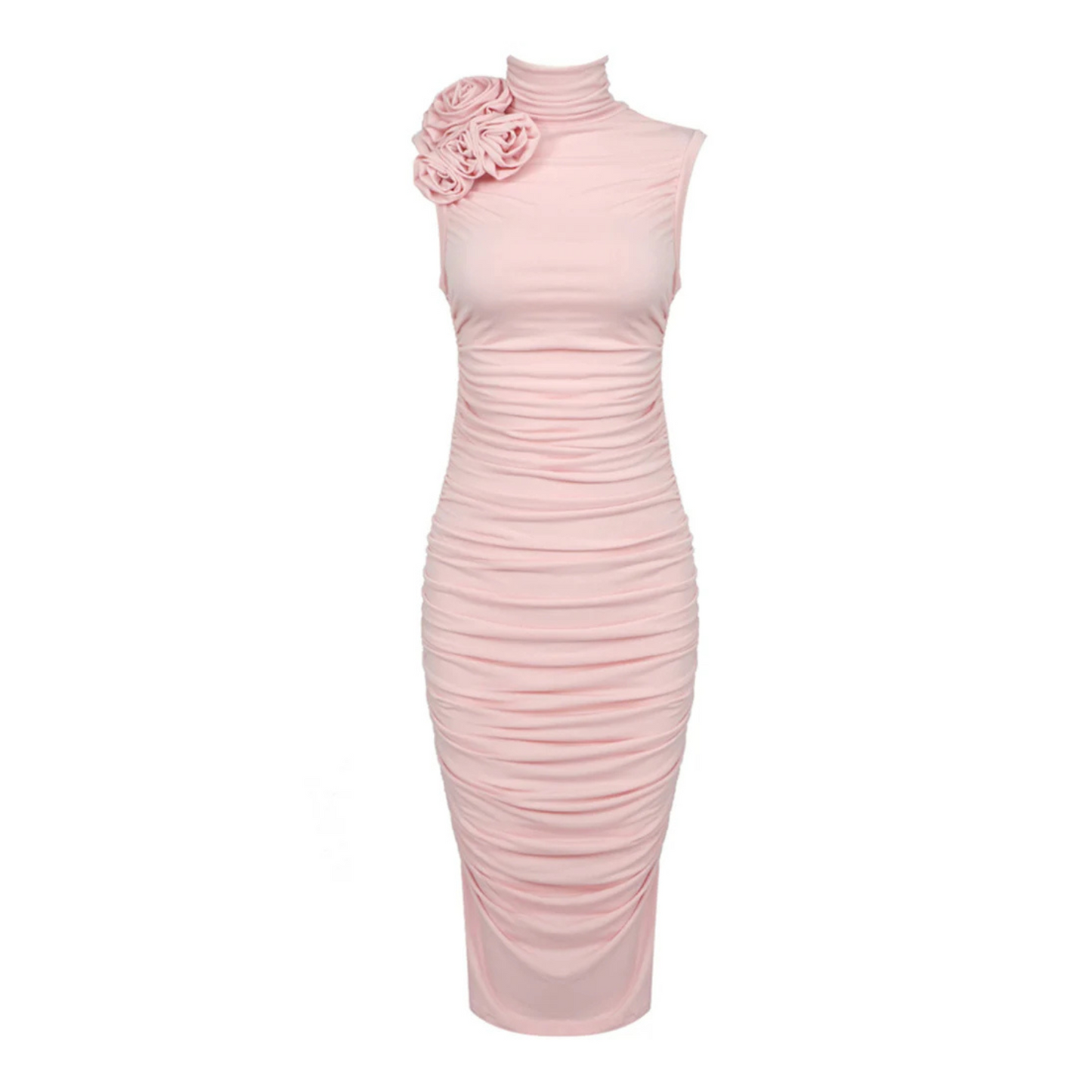 Floral Detail Ruched Midi Dress Pink
