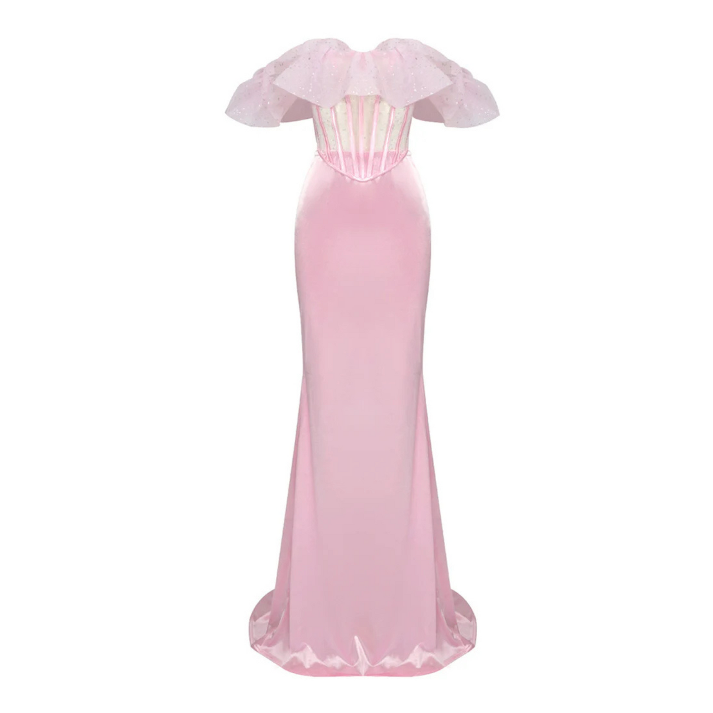 Ruffle Bardot Corset Two Piece Maxi Dress Pink