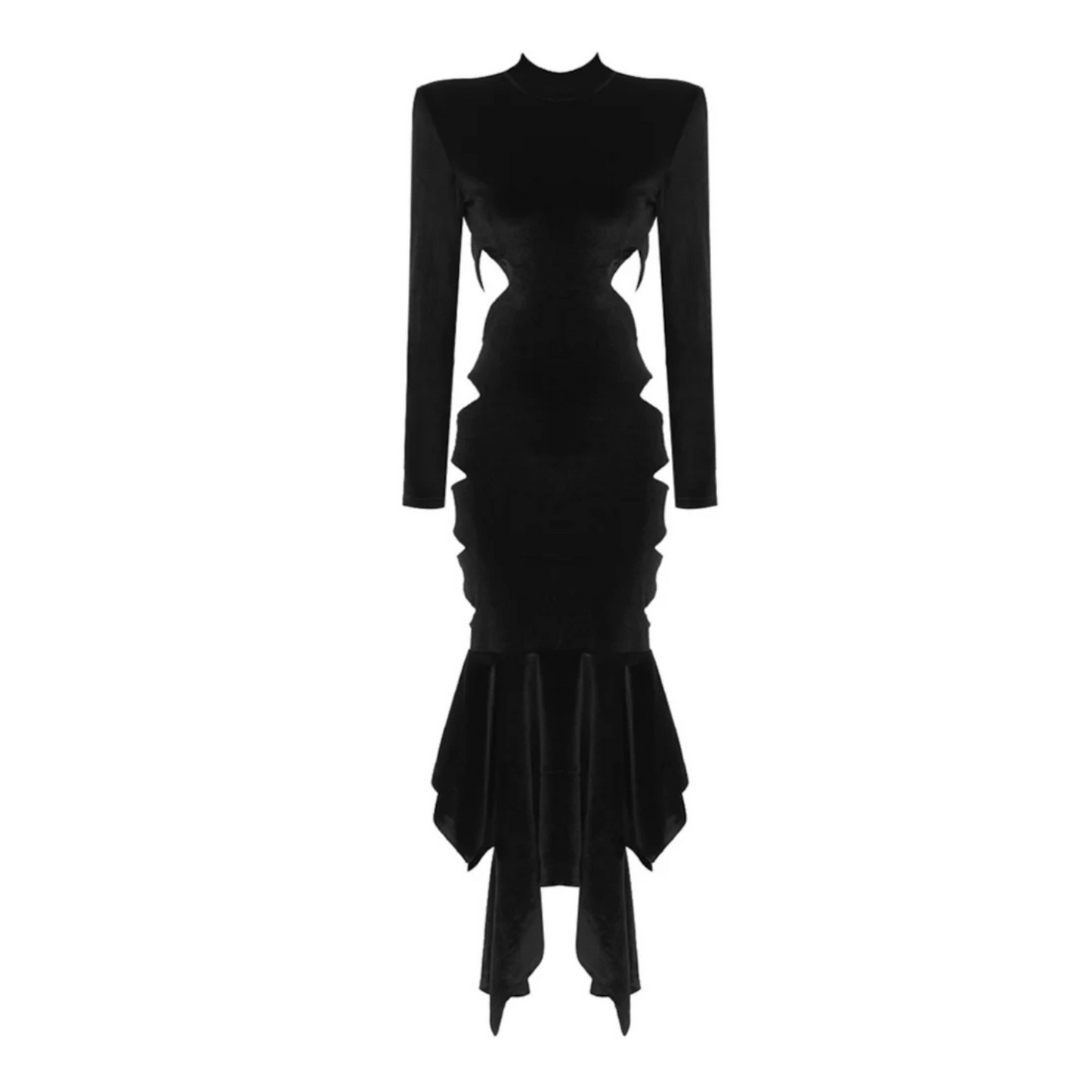 Long Sleeve Cut Out Fluted Midi Velvet Dress Black
