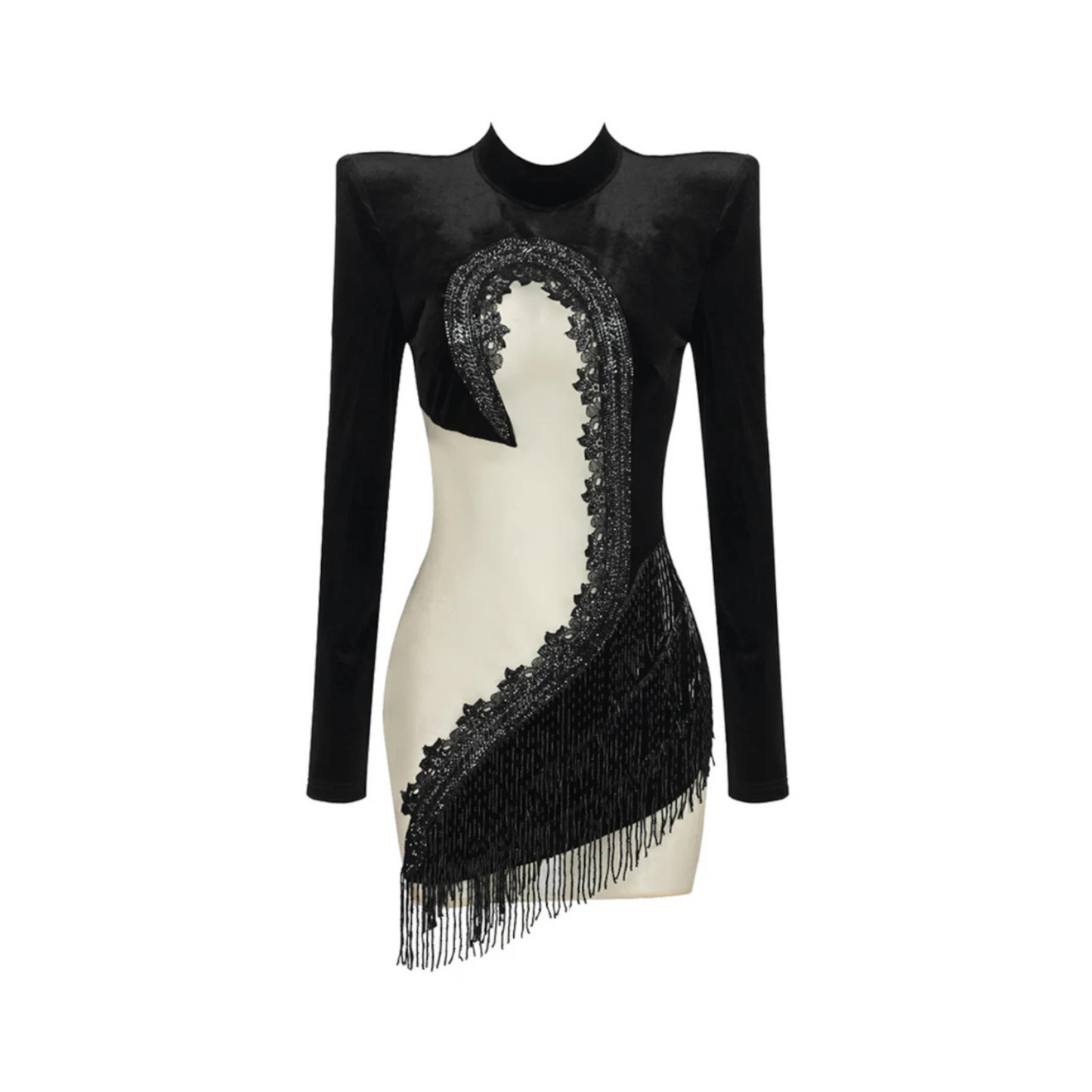 Long Sleeve Embellished Mesh Velvet Dress Black