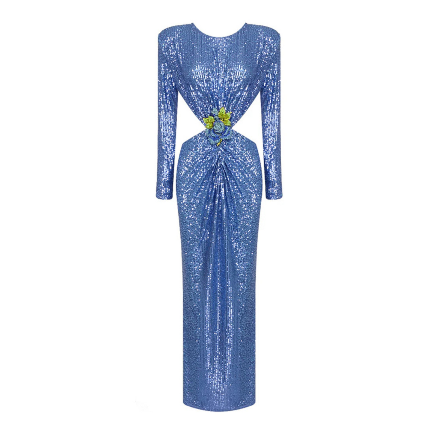 Long Sleeve Crystal Flower Sequin Maxi Dress