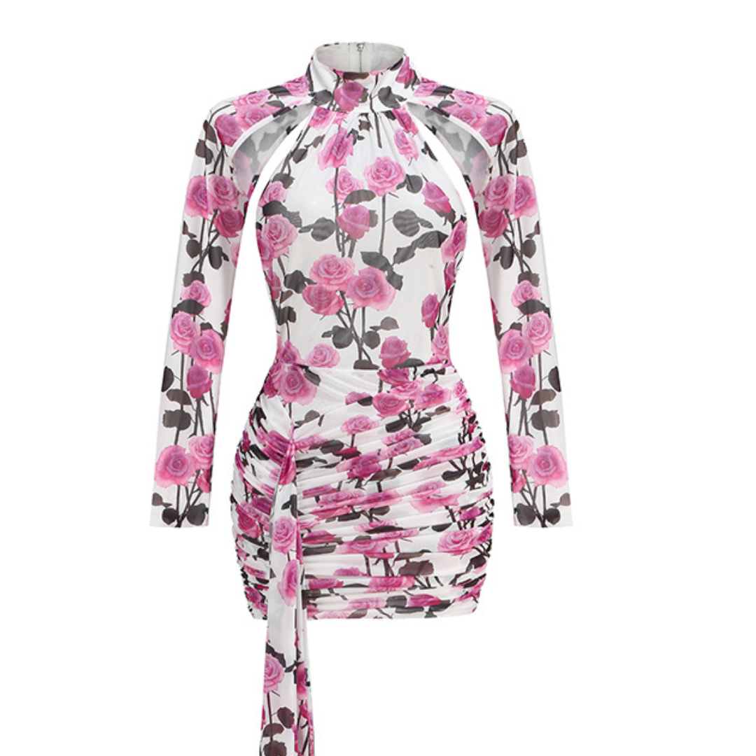 Long Sleeve Floral Backless Dress Pink HV1938