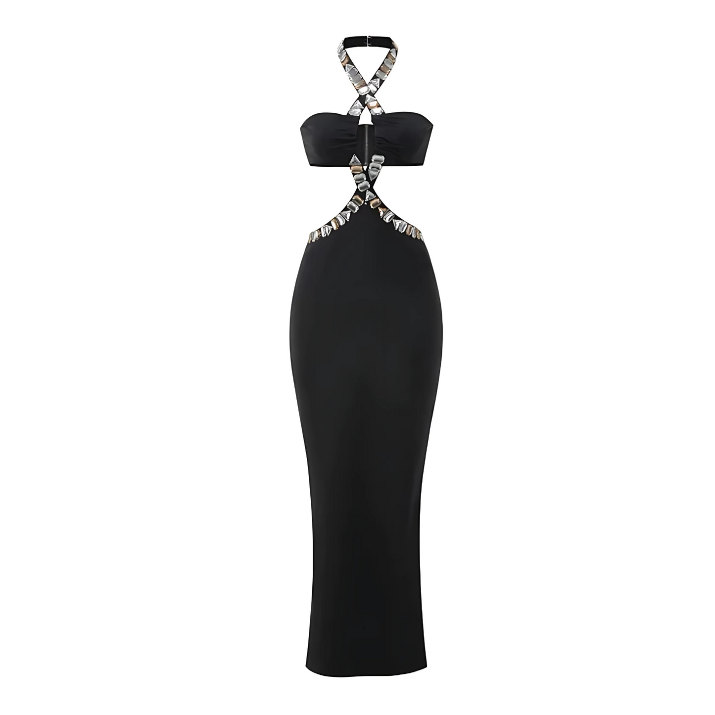 Halter Crystal Cut Out Maxi Dress Black