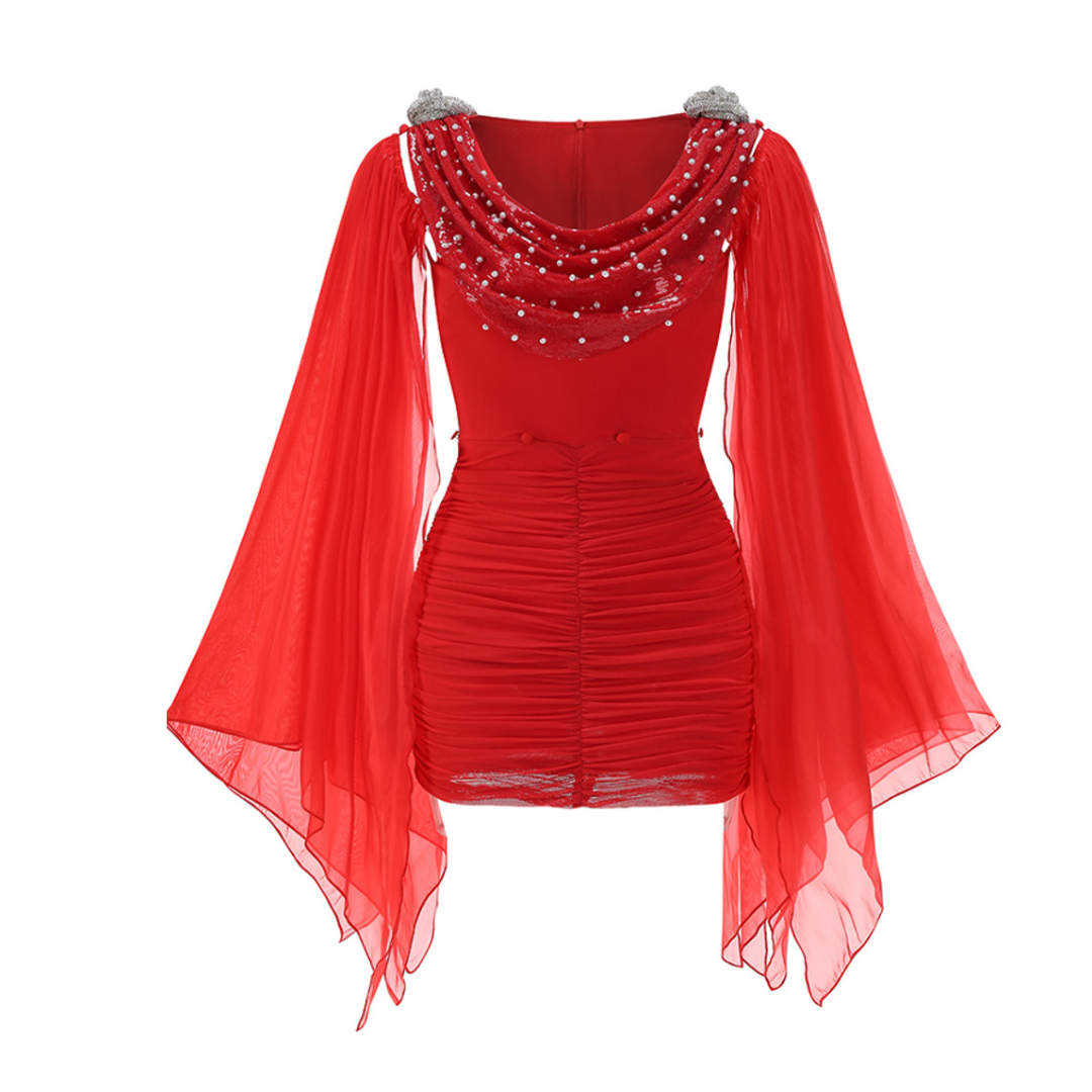 Draped Pearl Sequin Dress Red HV1634