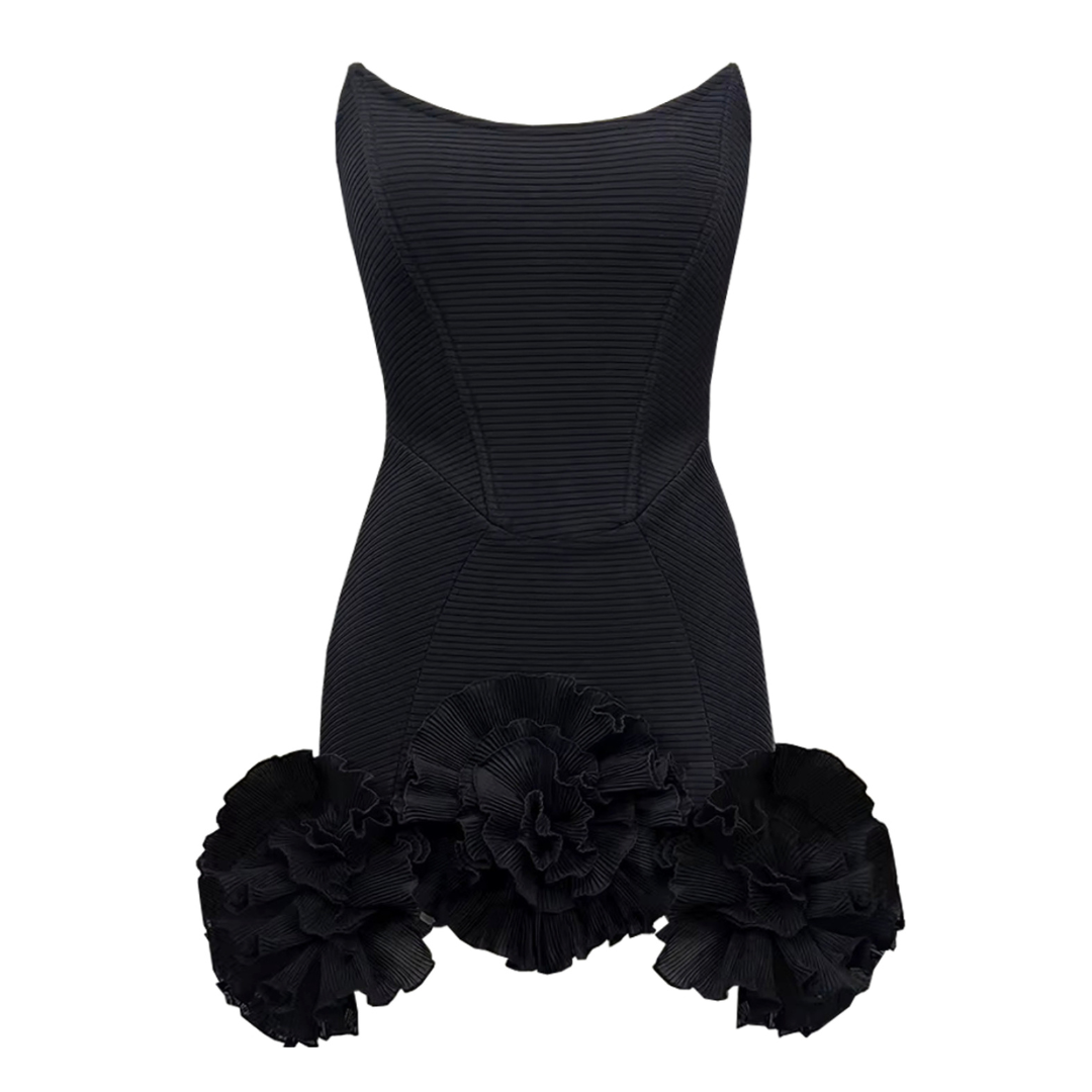 Strapless Floral Ruffle Dress Black