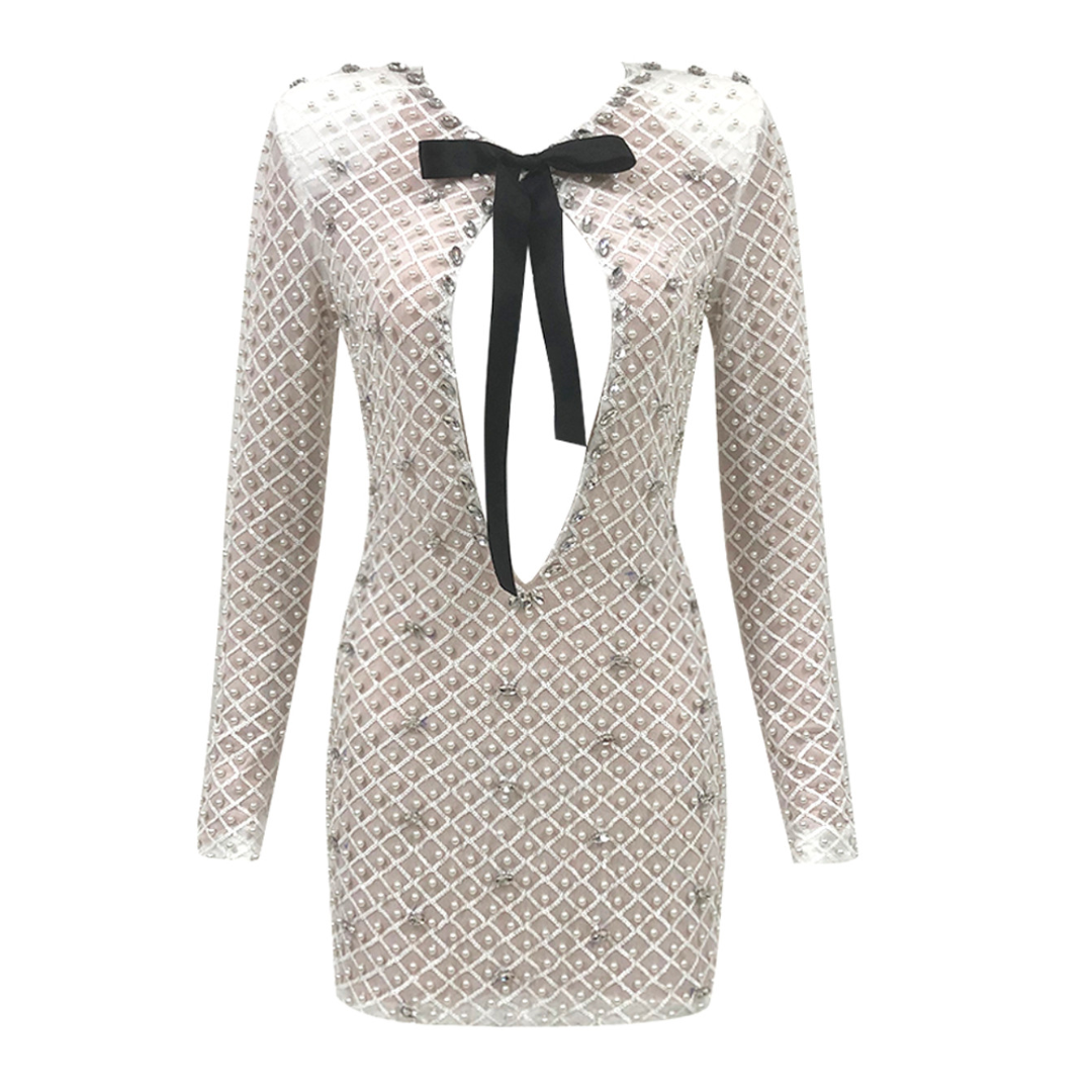 Long Sleeve Pearl Sequin Dress White HV1801