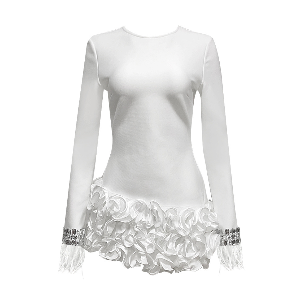 Crystal Feather Long Sleeve Ruffle Dress