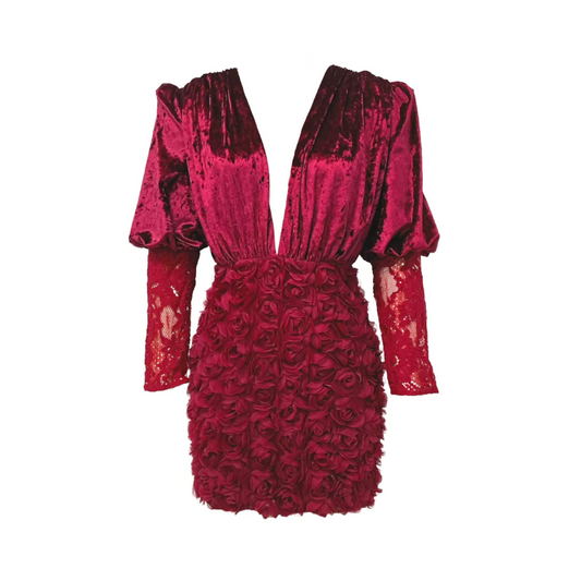 Lace Long Sleeve Floral Velvet Dress Red HV2015