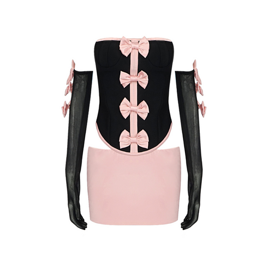 Strapless Bow Detail Two Piece Dress Black Pink