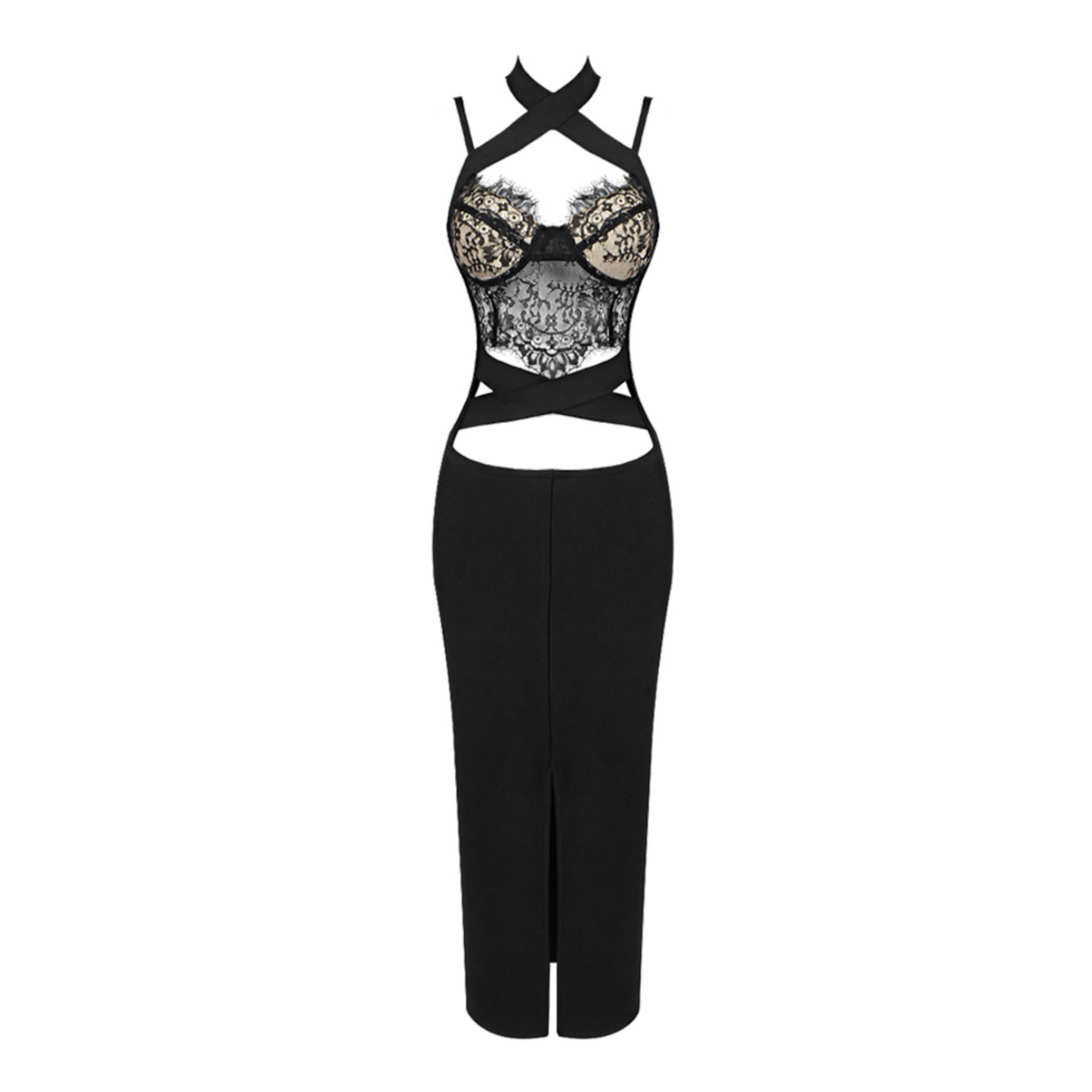 Halter Lace Bustier Midi Two Piece Dress Black