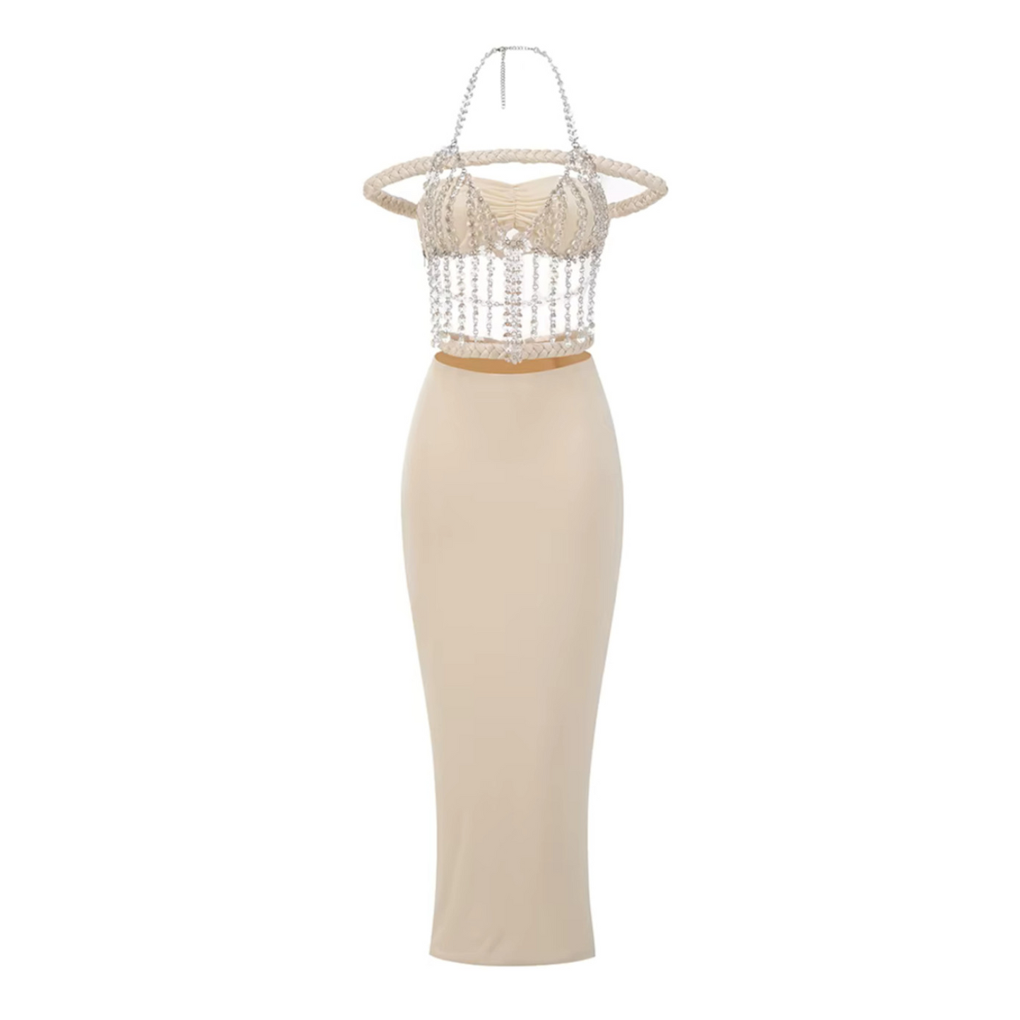 Halter Crystal Bardot Maxi Dress Ivory