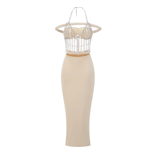 Halter Crystal Bardot Maxi Dress Ivory