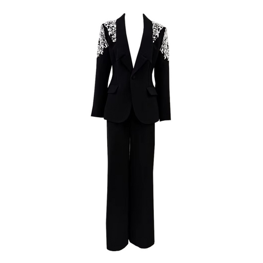 Long Sleeve Crystal Pearl Suit Black