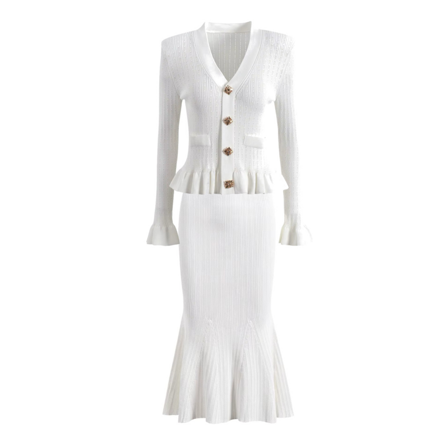 Long Sleeve Fluted Midi Two Piece Knitted Dress
